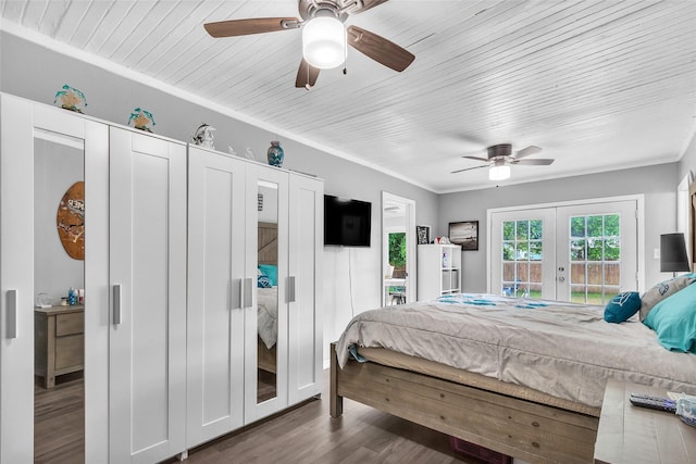 312 Dean St, Athens, TX 75751 - bedroom featuring access to exterior, dark wood-style floors, french doors, a ceiling fan, and ornamental molding
