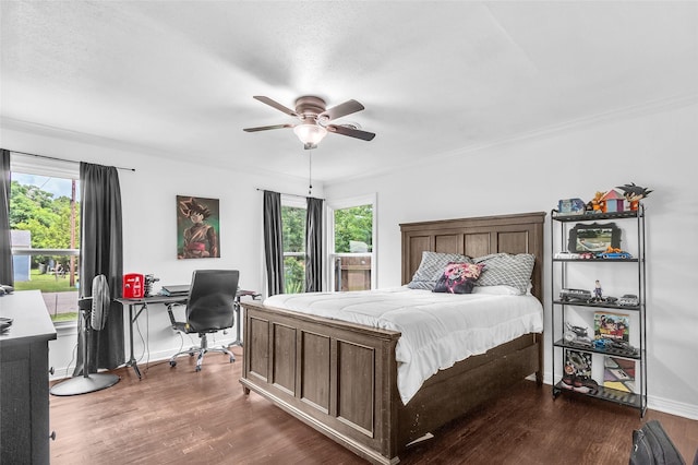 312 Dean St, Athens, TX 75751 - bedroom with dark wood finished floors, multiple windows, a desk, baseboards, and ornamental molding