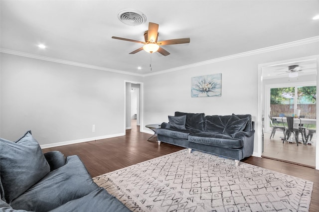 312 Dean St, Athens, TX 75751 - living area featuring ceiling fan, wood finished floors, baseboards, recessed lighting, and ornamental molding