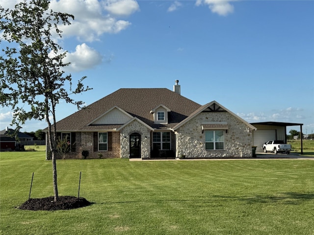304 Olde Knoll Pl, Rio Vista, TX 76093 - view of front of home with a front lawn, a chimney, a garage, and stone siding