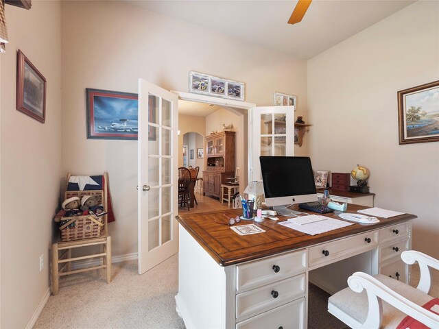 1533 Melanie Trl, Midlothian, TX 76065 - office area with french doors, a ceiling fan, arched walkways, light colored carpet, and baseboards