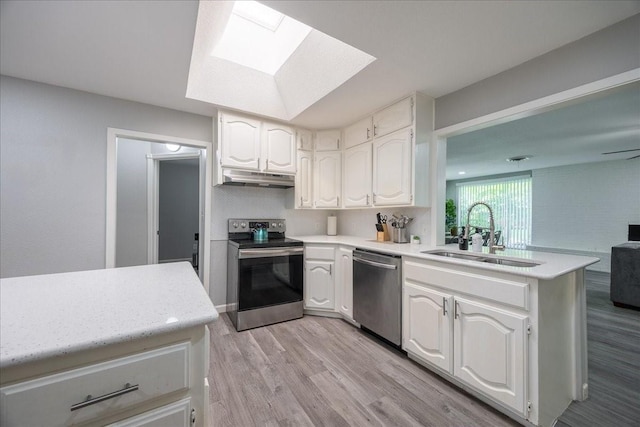 5401 Odom Ave, Fort Worth, TX 76114 - kitchen featuring appliances with stainless steel finishes, a sink, under cabinet range hood, a skylight, and a peninsula