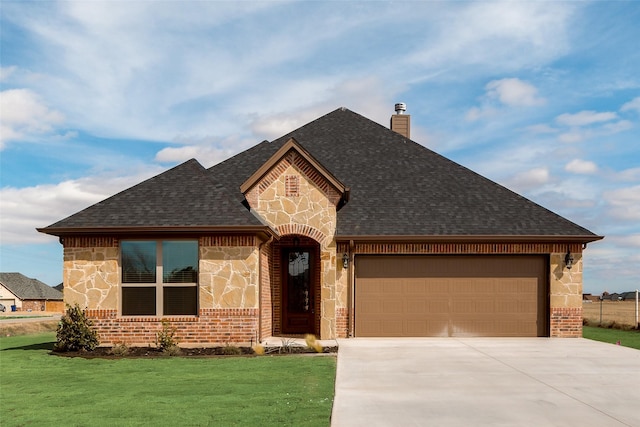 3201 Windcrest Dr, Granbury, TX 76049 - french country home featuring stone siding, an attached garage, and a shingled roof