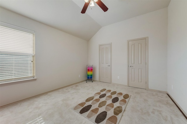 1322 Turnbridge Dr, Glenn Heights, TX 75154 - bedroom featuring light carpet, vaulted ceiling, ceiling fan, and baseboards