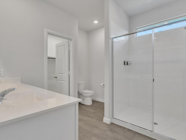 133 Hollytree Ln, Boyd, TX 76023 - bathroom with wood finished floors, toilet, a shower stall, and vanity