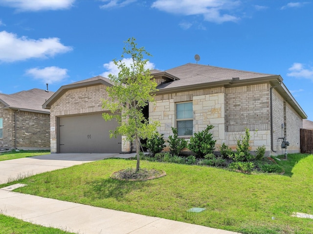 133 Hollytree Ln, Boyd, TX 76023 - view of front of home featuring a garage, concrete driveway, a front lawn, and stone siding