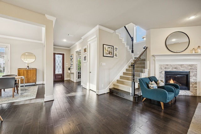 1787 Coralbead Rd, Frisco, TX 75033 - entrance foyer with dark wood-style flooring, stairs, baseboards, crown molding, and recessed lighting