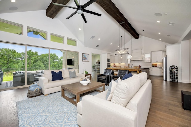 13445 Meadow Cross Dr, Fort Worth, TX 76008 - living area featuring high vaulted ceiling, beamed ceiling, ceiling fan, dark wood finished floors, and recessed lighting