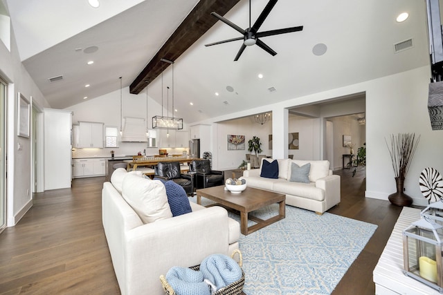 13445 Meadow Cross Dr, Fort Worth, TX 76008 - living area with beam ceiling, ceiling fan, high vaulted ceiling, dark wood-style flooring, and recessed lighting