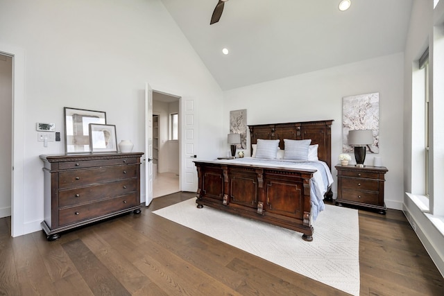 13445 Meadow Cross Dr, Fort Worth, TX 76008 - bedroom featuring dark wood finished floors, high vaulted ceiling, recessed lighting, and a ceiling fan