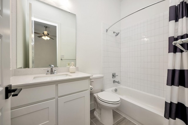 13445 Meadow Cross Dr, Fort Worth, TX 76008 - bathroom featuring shower / bath combination with curtain, vanity, and ceiling fan