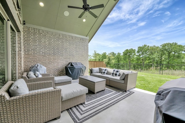 13445 Meadow Cross Dr, Fort Worth, TX 76008 - fenced backyard with outdoor lounge area, a ceiling fan, grilling area, and a patio area