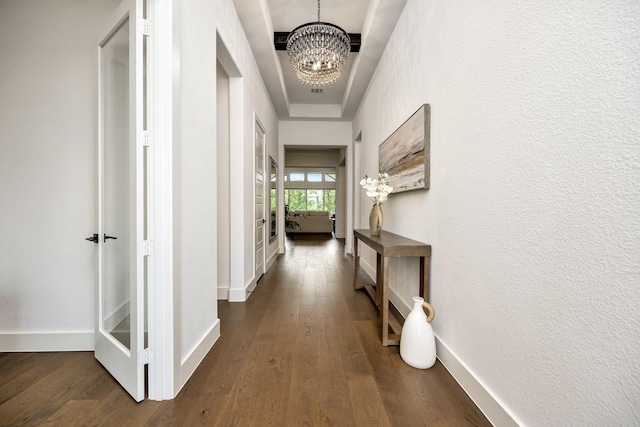 13445 Meadow Cross Dr, Fort Worth, TX 76008 - corridor with a chandelier, dark wood-style floors, and french doors