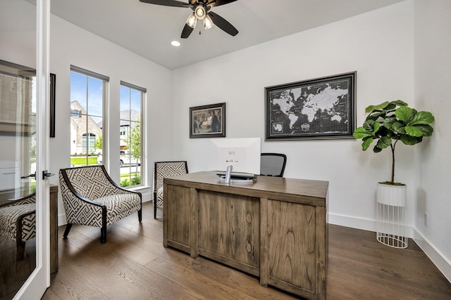 13445 Meadow Cross Dr, Fort Worth, TX 76008 - office space with a ceiling fan, dark wood-type flooring, and recessed lighting