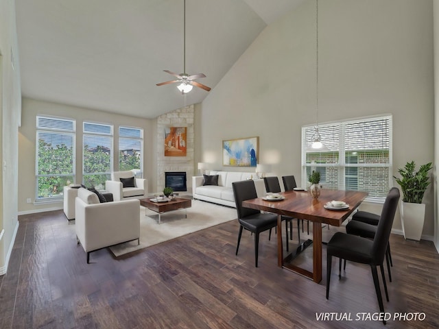 3321 Glen Crest Ln, Denton, TX 76208 - dining area featuring high vaulted ceiling, ceiling fan, plenty of natural light, and dark wood-style flooring