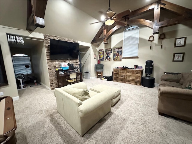205 Old Palmetto Rd, Benton, LA 71006 - living area featuring carpet floors, baseboards, lofted ceiling, and a ceiling fan
