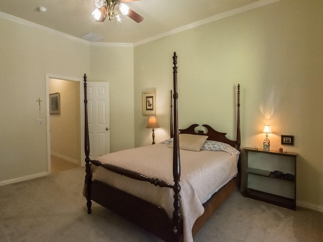 8205 Rayburn Ln, Mckinney, TX 75072 - bedroom with light carpet, baseboards, ornamental molding, and a ceiling fan