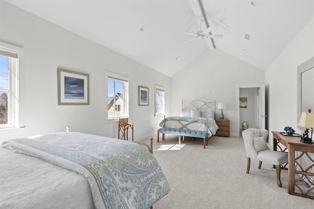13390 Waterside Dr, Malakoff, TX 75148 - bedroom with light colored carpet, beam ceiling, high vaulted ceiling, baseboards, and ceiling fan