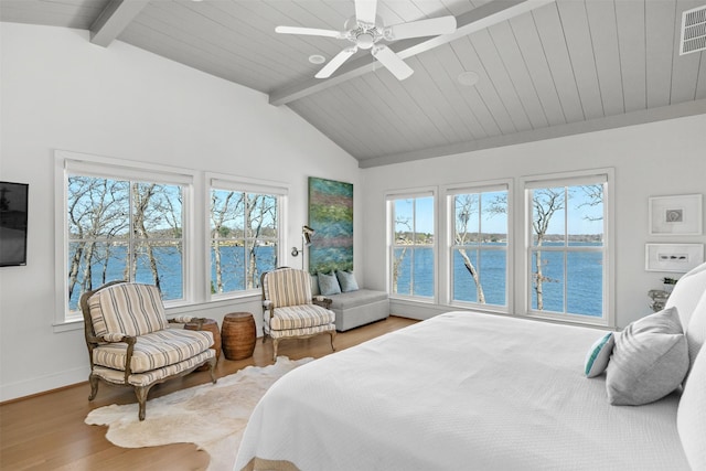13390 Waterside Dr, Malakoff, TX 75148 - bedroom featuring wood finished floors, a water view, ceiling fan, and baseboards