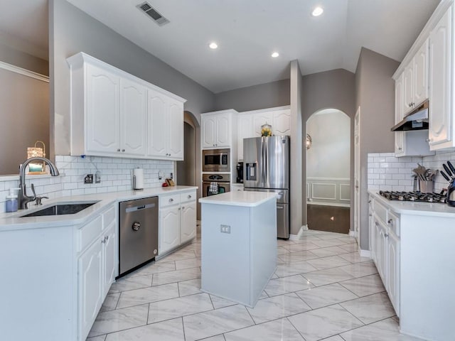 6356 Redeagle Creek Dr, Fort Worth, TX 76179 - kitchen featuring stainless steel appliances, a sink, arched walkways, light marble finish flooring, and under cabinet range hood
