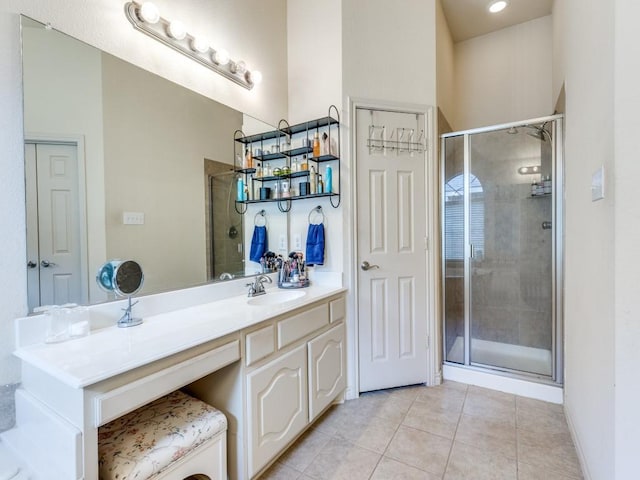 6356 Redeagle Creek Dr, Fort Worth, TX 76179 - bathroom with tile patterned floors, a shower stall, and vanity