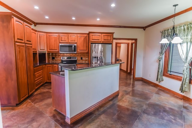 701 N Sulphur St, Dodd City, TX 75438 - kitchen featuring appliances with stainless steel finishes, crown molding, dark countertops, decorative backsplash, and brown cabinetry
