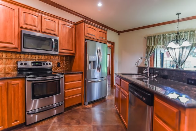 701 N Sulphur St, Dodd City, TX 75438 - kitchen with appliances with stainless steel finishes, a sink, tasteful backsplash, ornamental molding, and a chandelier