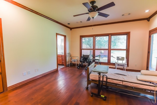 701 N Sulphur St, Dodd City, TX 75438 - office with crown molding, dark wood-style floors, healthy amount of natural light, baseboards, and ceiling fan