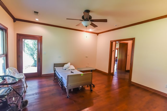 701 N Sulphur St, Dodd City, TX 75438 - bedroom with crown molding, baseboards, wood finished floors, access to outside, and recessed lighting