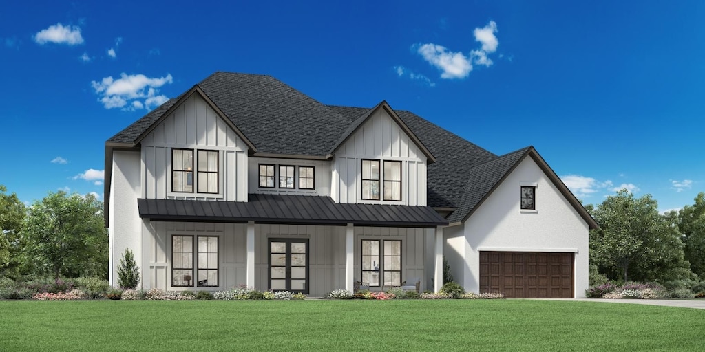 2500 Bryan, Flower Mound, TX 75028 - modern farmhouse style home featuring a standing seam roof, board and batten siding, a shingled roof, a front yard, and an attached garage