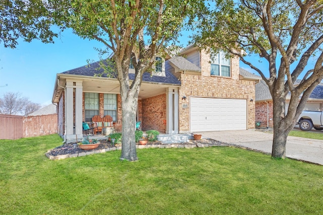 2745 Sunlight Dr, Little Elm, TX 75068 - view of front of property with brick siding, concrete driveway, a porch, a garage, and a shingled roof