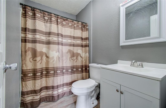 23899 Sagewood Ln, Bedias, TX 77831 - full bathroom with vanity, toilet, a textured ceiling, a textured wall, and curtained shower