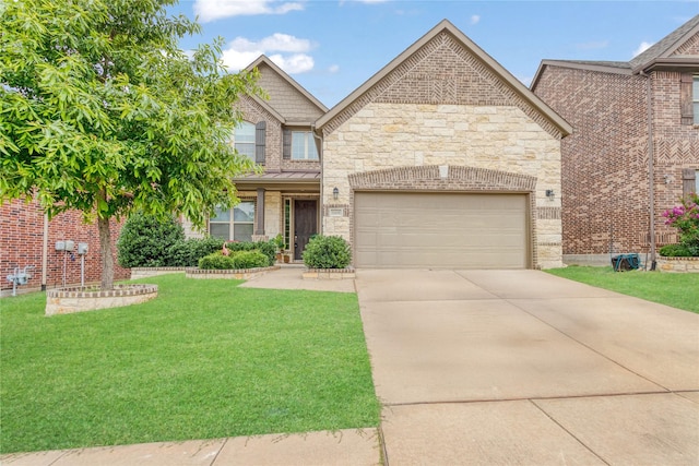 11408 Morrow Ln, Mckinney, TX 75071 - view of front facade with a front yard, concrete driveway, an attached garage, stone siding, and brick siding