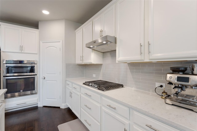 11408 Morrow Ln, Mckinney, TX 75071 - kitchen with under cabinet range hood, appliances with stainless steel finishes, white cabinetry, dark wood-style floors, and light stone counters