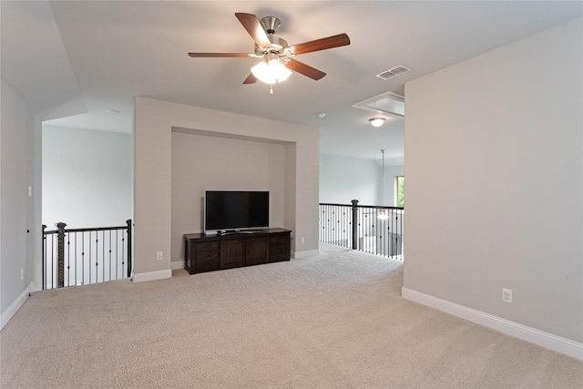 11408 Morrow Ln, Mckinney, TX 75071 - unfurnished living room with attic access, a ceiling fan, and carpet floors