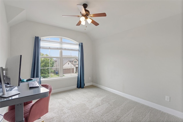 11408 Morrow Ln, Mckinney, TX 75071 - home office with vaulted ceiling, ceiling fan, and light colored carpet