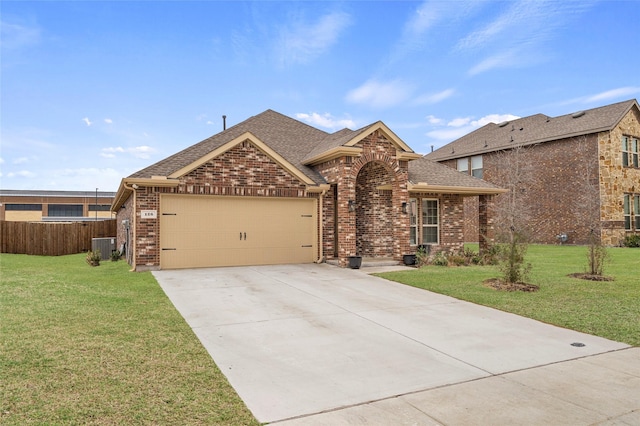 126 Condor Pass, Caddo Mills, TX 75135 - view of front of home featuring brick siding, an attached garage, a shingled roof, driveway, and central AC unit