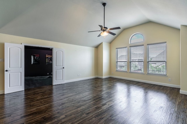 7132 Jernigan Dr, Frisco, TX 75034 - unfurnished living room with a ceiling fan, vaulted ceiling, and dark wood-style floors