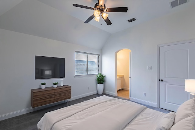 7132 Jernigan Dr, Frisco, TX 75034 - bedroom with arched walkways, lofted ceiling, ceiling fan, and ensuite bathroom