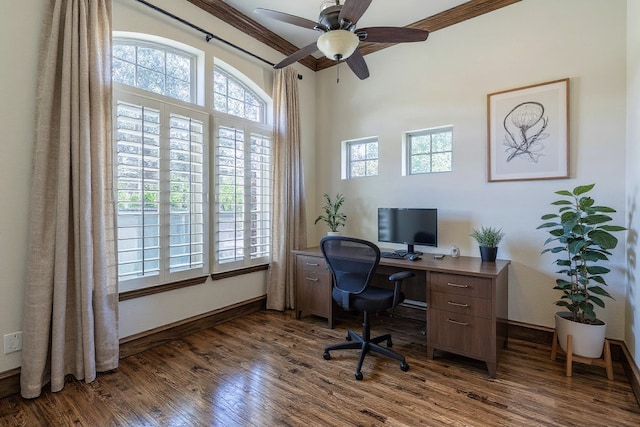 7132 Jernigan Dr, Frisco, TX 75034 - office with dark wood-style floors, ornamental molding, and ceiling fan