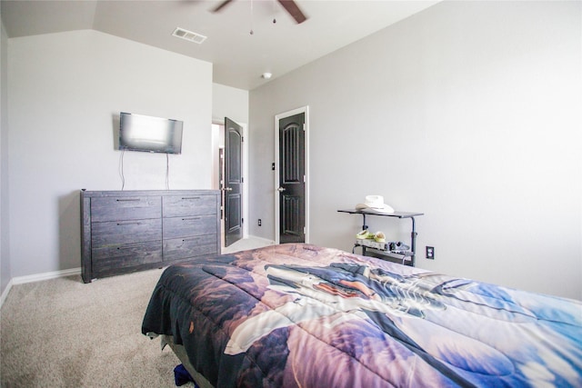 131 Live Oak Ln, Decatur, TX 76234 - bedroom featuring light colored carpet, vaulted ceiling, a ceiling fan, and baseboards