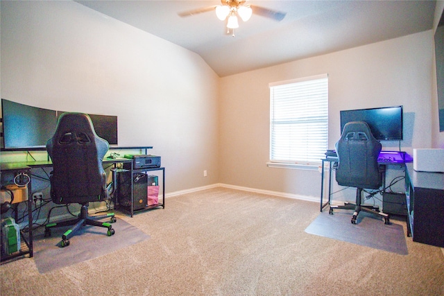 131 Live Oak Ln, Decatur, TX 76234 - home office featuring carpet flooring, a ceiling fan, lofted ceiling, and baseboards