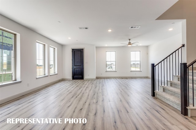 4804 Lunker St, Mckinney, TX 75071 - unfurnished living room featuring light wood finished floors, recessed lighting, stairs, a ceiling fan, and baseboards