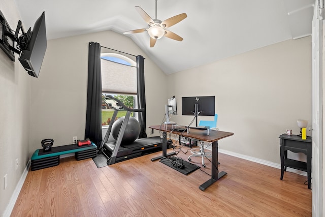 1329 E Highland Rd, Waxahachie, TX 75167 - exercise area with ceiling fan, lofted ceiling, wood finished floors, and baseboards