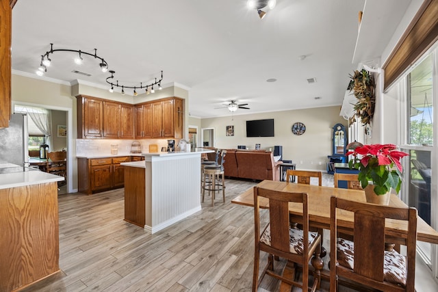 1329 E Highland Rd, Waxahachie, TX 75167 - kitchen featuring ornamental molding, ceiling fan, track lighting, backsplash, and healthy amount of natural light