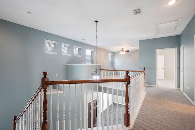 1635 Southwestern Dr, Allen, TX 75013 - hallway featuring attic access, an upstairs landing, carpet, baseboards, and recessed lighting