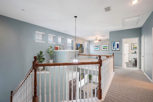 1635 Southwestern Dr, Allen, TX 75013 - hall with attic access, an upstairs landing, carpet flooring, baseboards, and recessed lighting