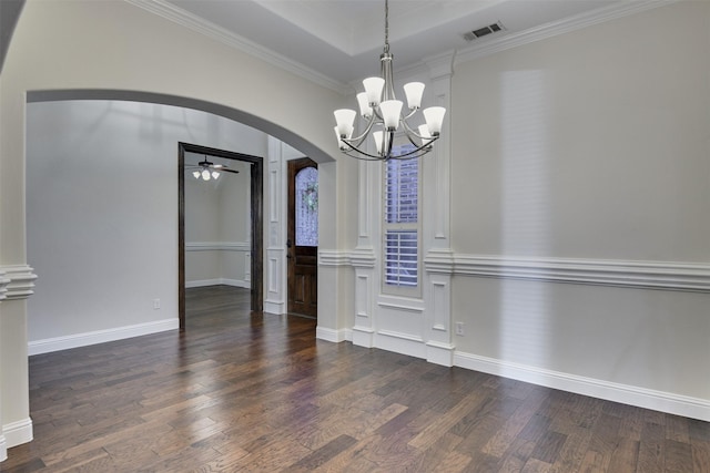 6520 Stone Creek Dr, North Richland Hills, TX 76182 - unfurnished dining area featuring arched walkways, wood finished floors, a chandelier, ornamental molding, and ceiling fan