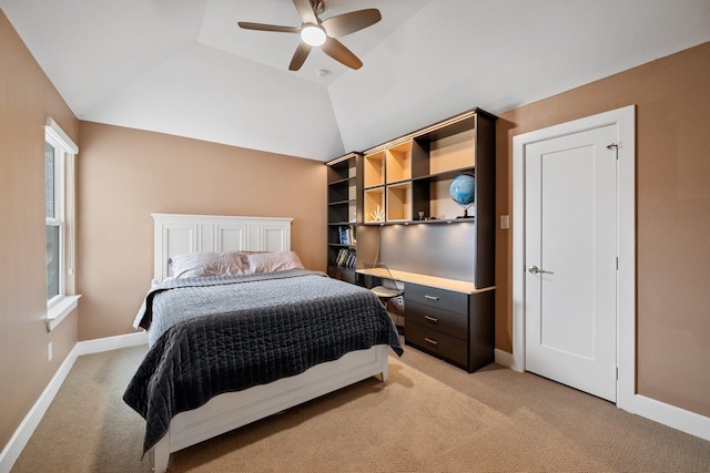 2104 Zaide Way, Celina, TX 75009 - bedroom with light colored carpet, baseboards, ceiling fan, and vaulted ceiling