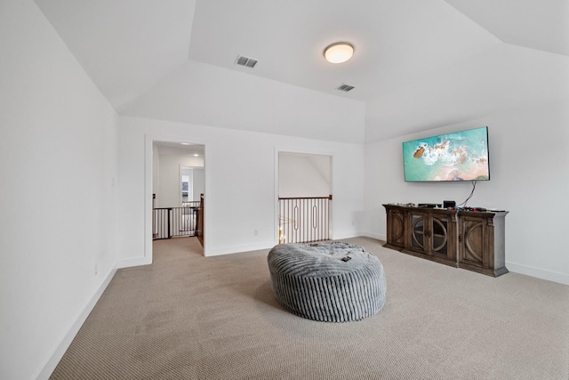 2104 Zaide Way, Celina, TX 75009 - sitting room with carpet flooring, an upstairs landing, vaulted ceiling, and baseboards